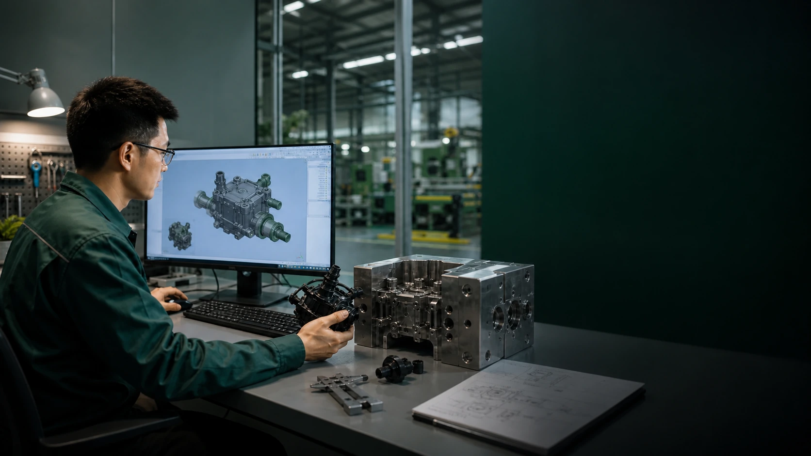 PANDORA engineer developing a sprayer component with CAD and precision tooling