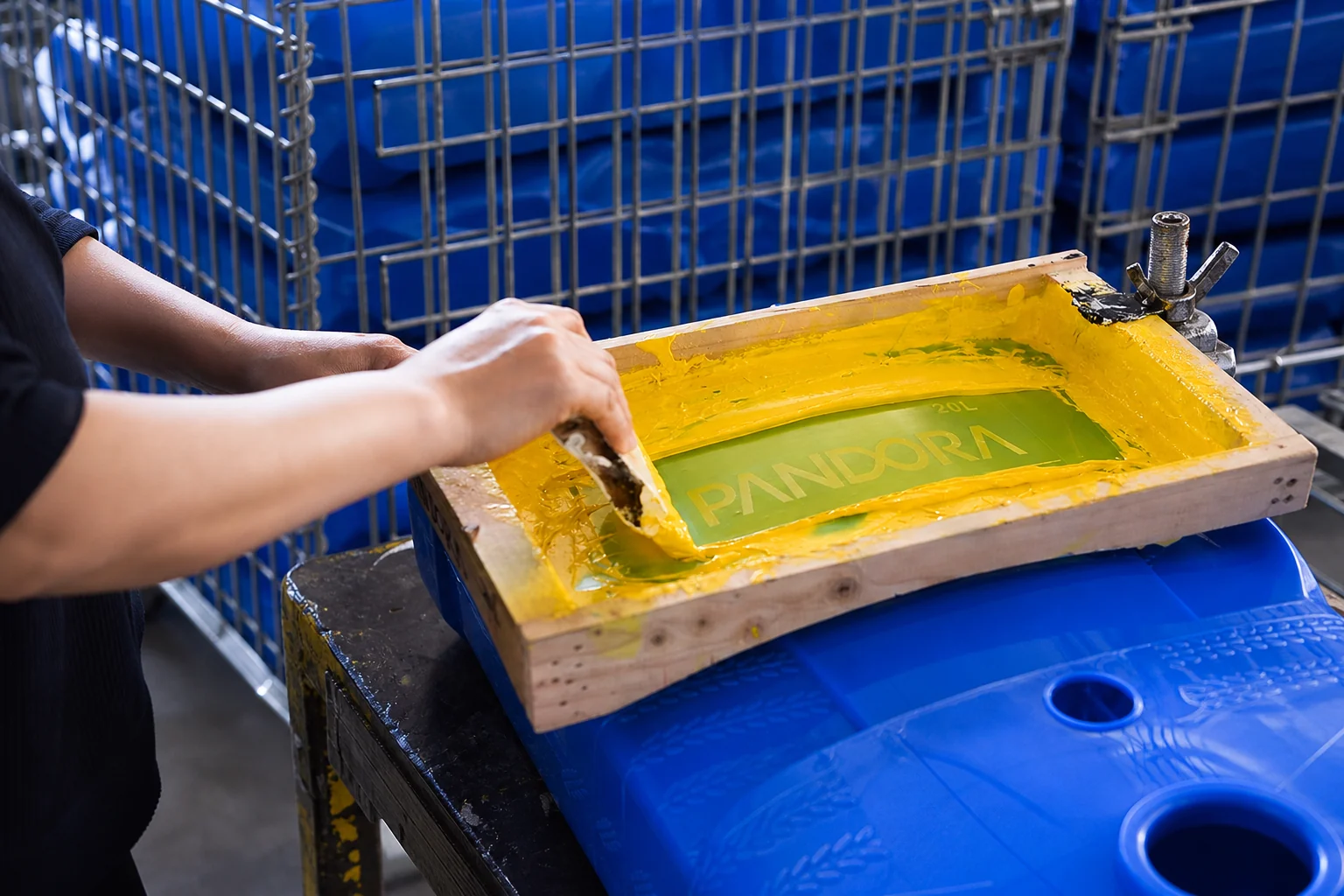 PANDORA OEM logo screen printing on an agricultural sprayer tank